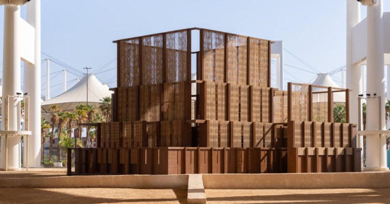 Nicolas Fayad on the tissue of palm waste within the prayer area on the Islamic Arts Biennial