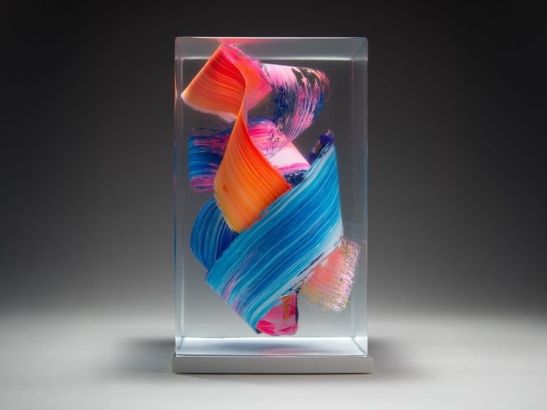 The colourful brushes float in resin cubes in Fabian Oefner’s sculptural room at portray – Colossal