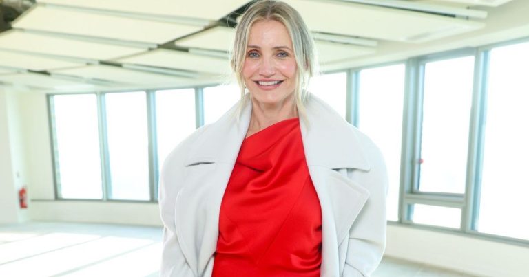 Cameron Diaz Goes Stylish in Draped Midi Gown in PFW Images