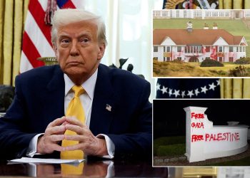 The Scottish Golf Resort of Trump is vandalized with crimson paint and the course withdrew over his plan ‘to ethnically clear Gaza’