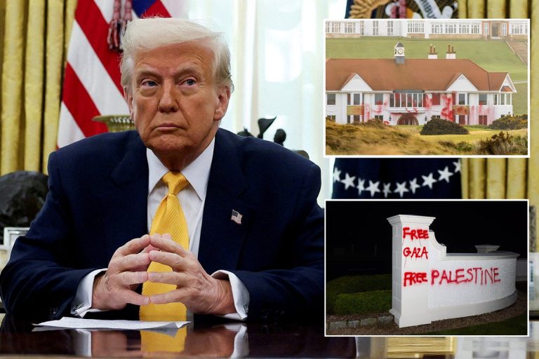 The Scottish Golf Resort of Trump is vandalized with crimson paint and the course withdrew over his plan ‘to ethnically clear Gaza’