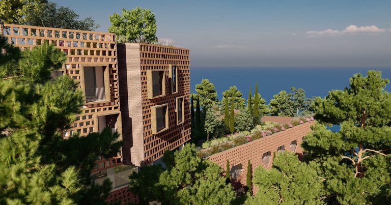 Brick facade toned to the bottom by Davide Macullo Architects of Albania