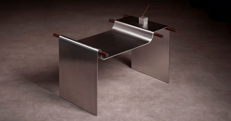The parchment chair in a sheet of metal curtains like the material