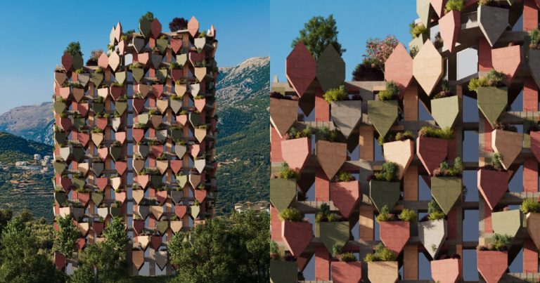 Vegetation outstanding wraps the Davide Macullo Tower of Albania