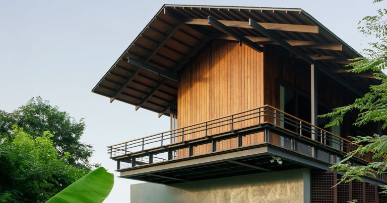 Facade of the wood home of wooden reconstituted from Uthai Thani, Thailand