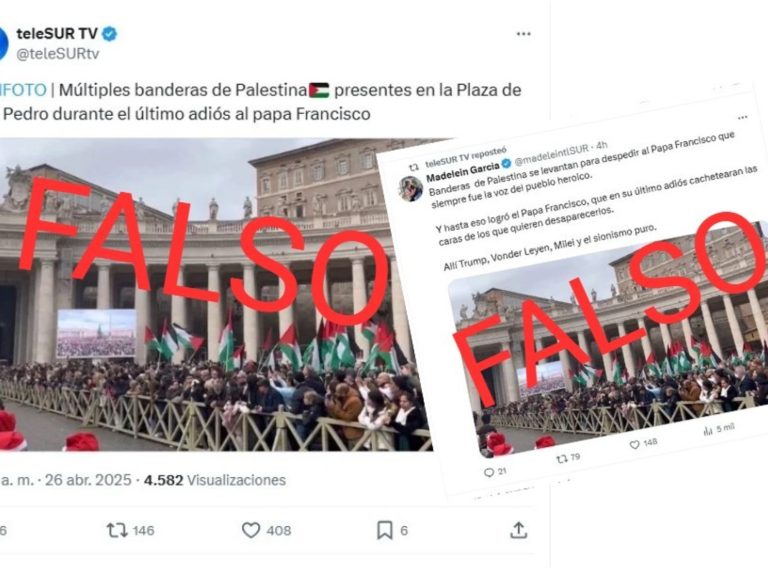 Chavista Telesur’s sign posted an previous picture with Palestine flags within the Vatican saying they have been from Pope Francis’ funeral