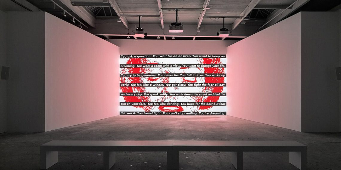 Set up of Barbara Kruger to wrap the passenger practice crossing Ukraine