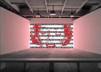 Set up of Barbara Kruger to wrap the passenger practice crossing Ukraine