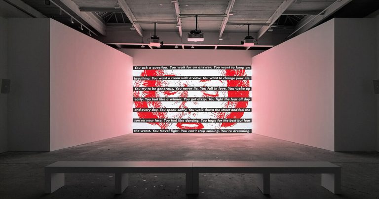 Set up of Barbara Kruger to wrap the passenger practice crossing Ukraine