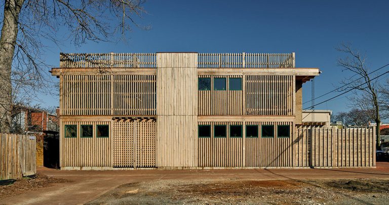 Bldus wraps the brown home in cork patchwork, copper + bamboo
