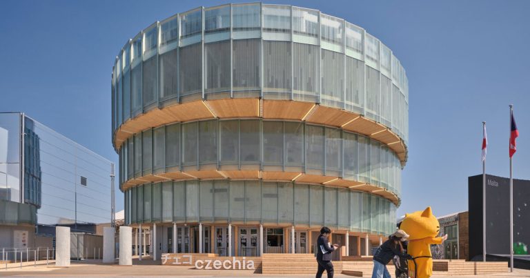 The translucent glass facade outlines the spiral type of the Czech pavilion at Expo 2025 Osaka