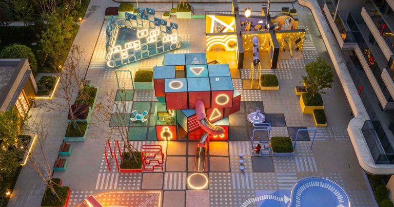 100harchitects stratified geometric market mixing plating installations with lighting