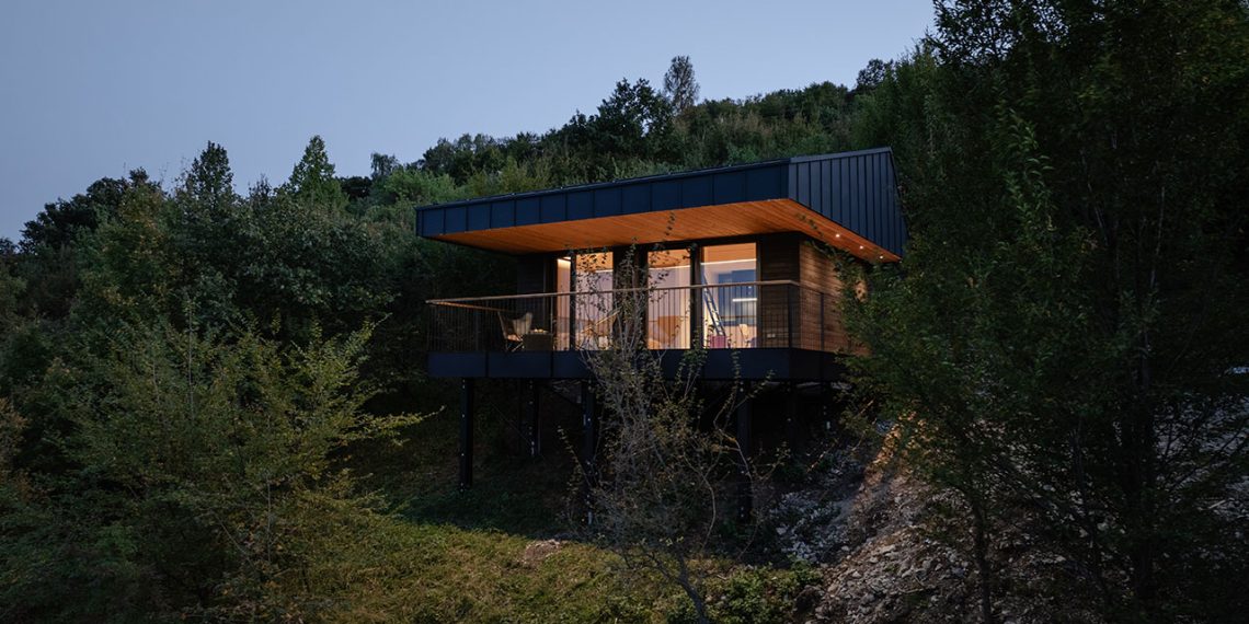 A compact trendy tree home designed for adults in Hungary