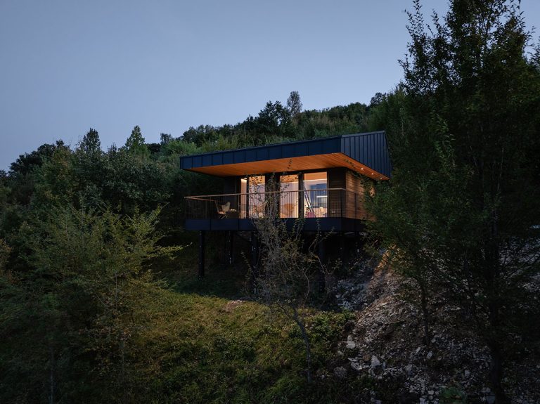 A compact trendy tree home designed for adults in Hungary