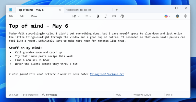 Microsoft updates notification with textual content formatting and marking help
