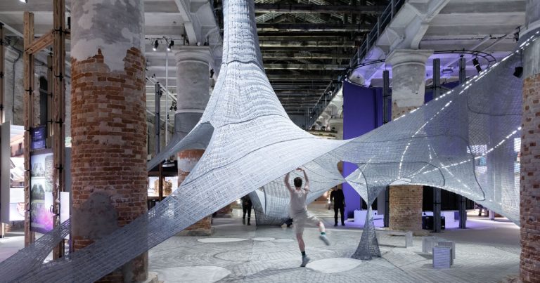 Is suspended by the 3D knitted pure fibers on the Venice Biennale 2025