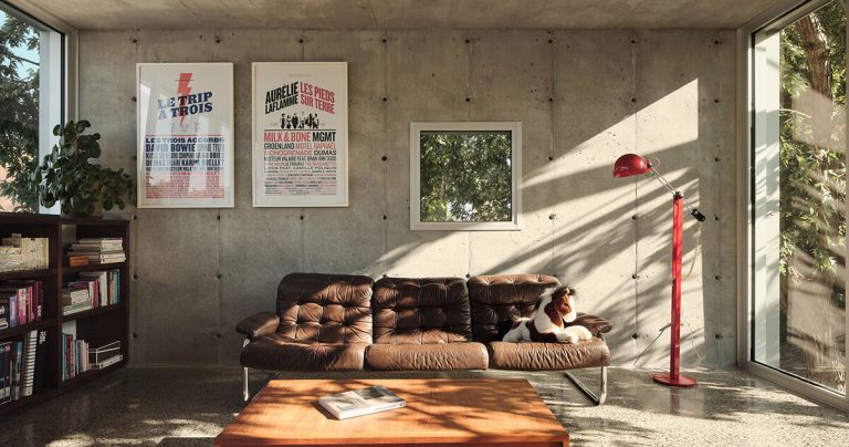 Alexandre Bernier Architect designs the concrete residence in a backyard in Montreal