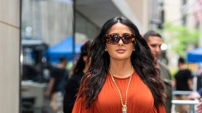 Salma Hayek proves burnt orange and mint inexperienced are a successful mixture