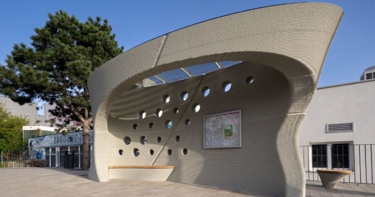 Colarch varieties concrete, 3D printed bus station in Slovakia