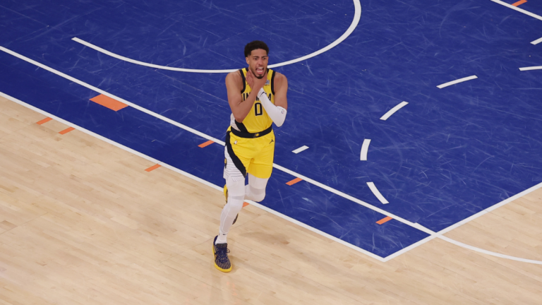 Tyrese Haliburton from Pacers recreates the Signal of Choking Reggie Miller after the Buzzer-Beater to tie the sport 1 vs. Knicks