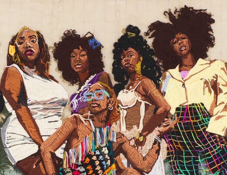Kandy G. Lopez hanging embroidery, portraits of dwelling sizes that spotlight Bipoc-Colosal narratives