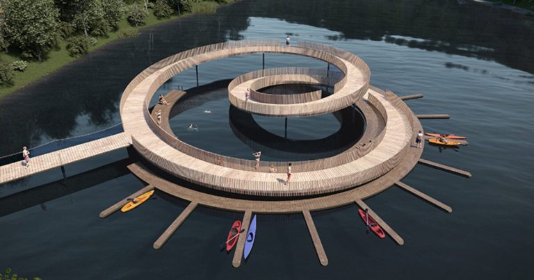 The picket pier Mobius Atelier X rises from a river financial institution in Portugal