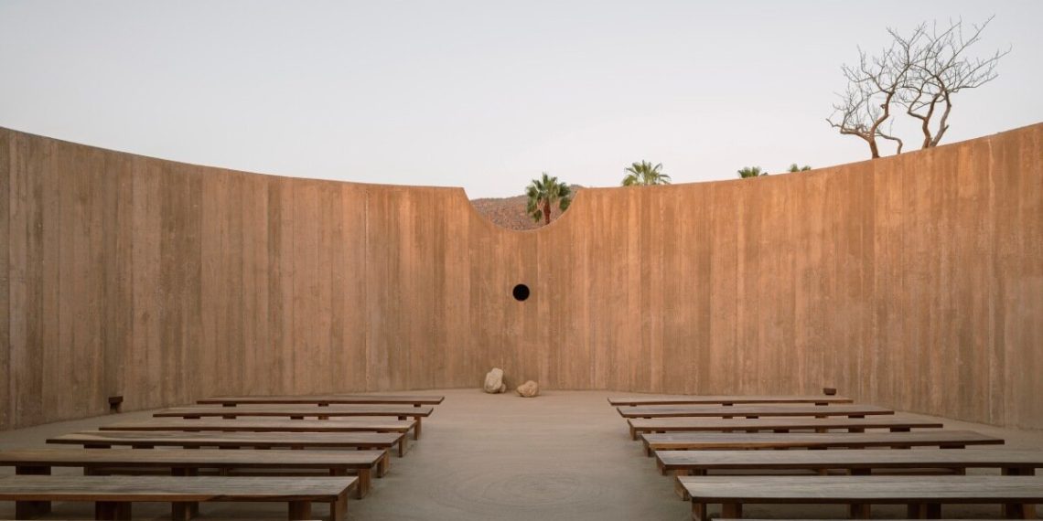 Concrete wraps the religious enclosure of Rubén Valdez within the Mexico Desert