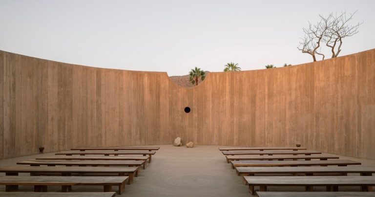 Concrete wraps the religious enclosure of Rubén Valdez within the Mexico Desert