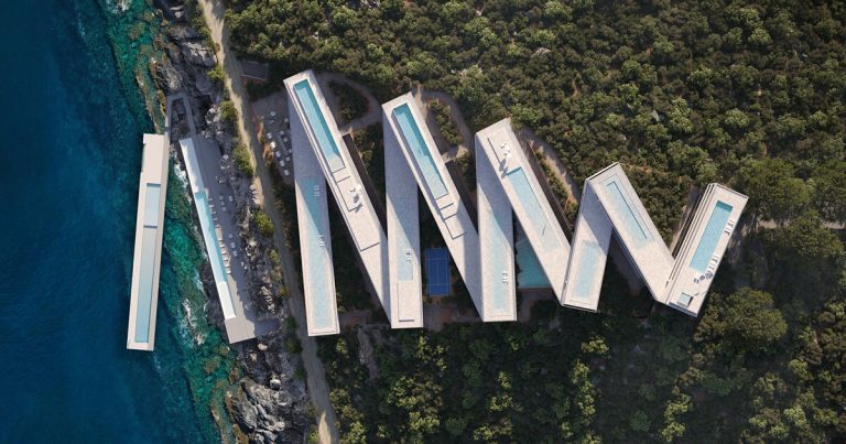 Zigzag resort extends linear terraces and basins alongside the rugged coast of Albania