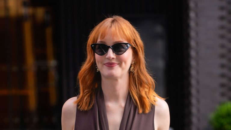 Leighton Meester’s chocolate brown jumpsuit is the proper occasionwear