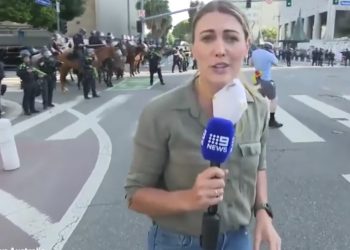 A policeman shot a rubber ball from an Australian journalist when he reported a protest in opposition to Trump in Los Angeles