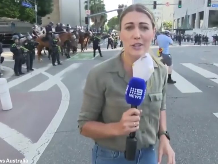 A policeman shot a rubber ball from an Australian journalist when he reported a protest in opposition to Trump in Los Angeles