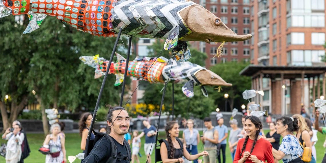 Greg Corbino’s fish dolls created from the recovered rubbish migrates the Hudson – Colossal River.