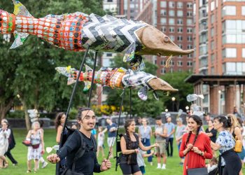 Greg Corbino’s fish dolls created from the recovered rubbish migrates the Hudson – Colossal River.