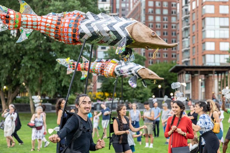 Greg Corbino’s fish dolls created from the recovered rubbish migrates the Hudson – Colossal River.
