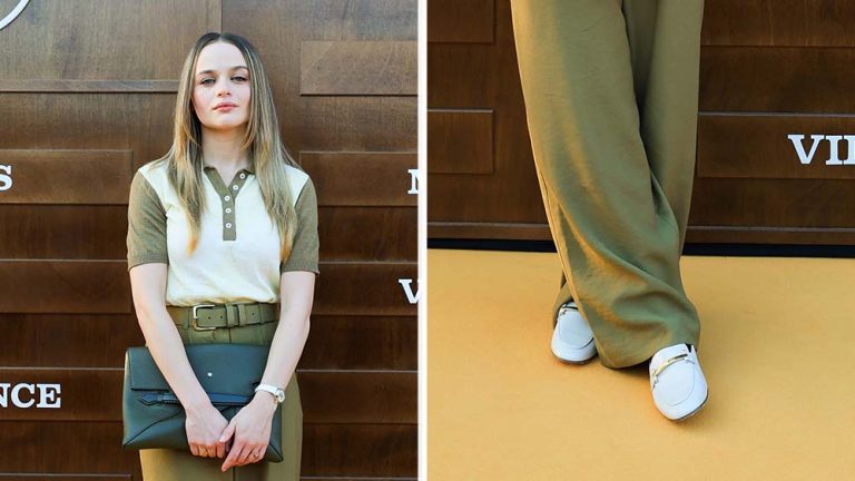 Joey King Wears Tod’s Loafers and Tailor-made Knit Set in Milan