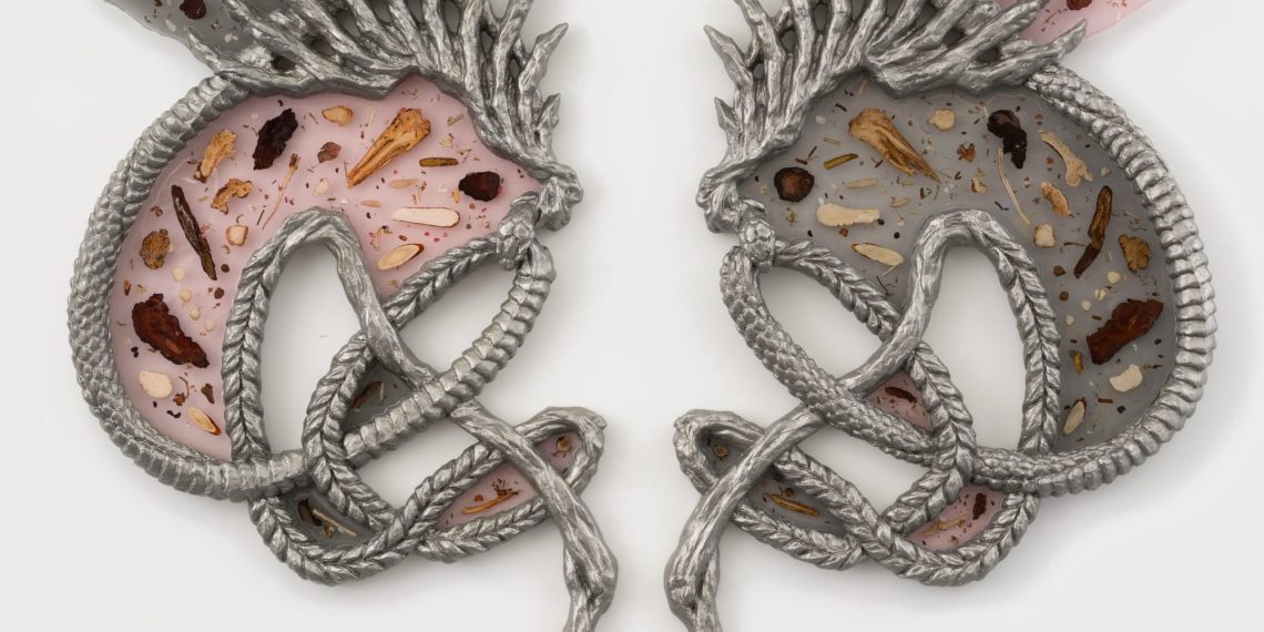 Chinese language herbs suspended in Usher resin in therapeutic within the skeletal sculptures of Wen Liu – Colossal