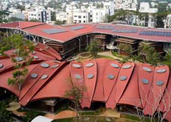 Pink pink sweep over the college of Vastushilpa Sangath in India